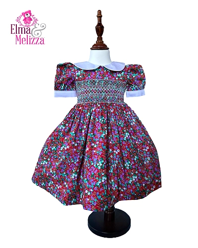 Dark Red Fruit Print Hand Smocked Embroidered Baby Girl Dress with Peter Pan Collar – Perfect for Your Little Princess's Joyful Celebrations-EM0102D18
