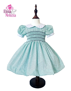 Seafoam Green Hand Smocked Embroidered Baby Girl Dress with Polka Dots & White Roses – Ideal for Your Little Princess's Cherished Moments