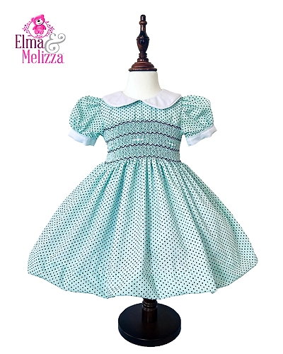 Seafoam Green Hand Smocked Embroidered Baby Girl Dress with Polka Dots &amp; White Roses – Ideal for Your Little Princess's Cherished Moments-EM0203D21
