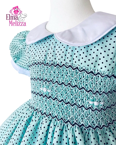 Seafoam Green Hand Smocked Embroidered Baby Girl Dress with Polka Dots &amp; White Roses – Ideal for Your Little Princess's Cherished Moments-2 - 3 Years-1