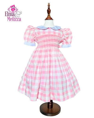 Rose Petal Gingham Smocked Dress: Hand-Embroidered Sweetness for Your Little Princess's Cherished Occasions Birthdays, Weddings &amp; Cherished Moments-EM0506D37