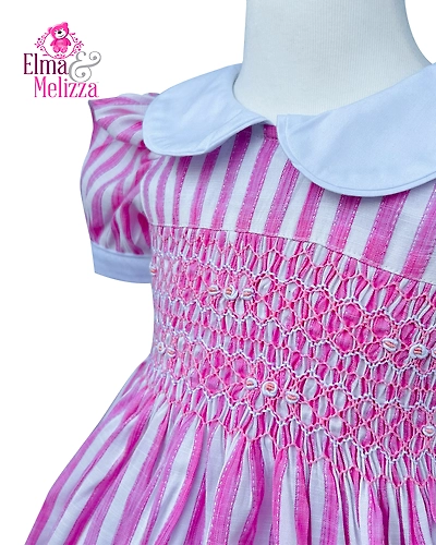 Striped Light Pink &amp; White Hand Smocked Embroidered Baby Girl Dress with Rose Details – Ideal for Birthdays, Photoshoots &amp; Celebrations-1 - 2 Years-1