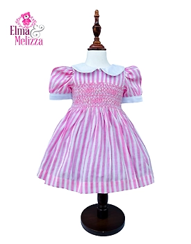 Striped Light Pink & White Hand Smocked Embroidered Baby Girl Dress with Rose Details – Ideal for Birthdays, Photoshoots & Celebrations