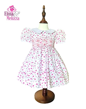 Pink Floral White Hand Smocked Embroidered Baby Girl Dress with Rose Details – Perfect for Birthdays, Weddings & Cherished Celebrations