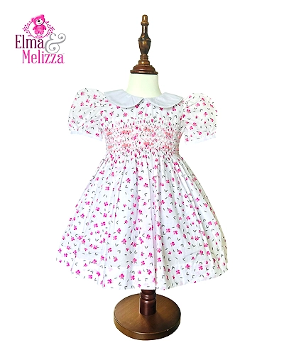 Pink Floral White Hand Smocked Embroidered Baby Girl Dress with Rose Details – Perfect for Birthdays, Weddings &amp; Cherished Celebrations-EM0012D40