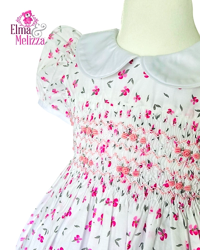 Pink Floral White Hand Smocked Embroidered Baby Girl Dress with Rose Details – Perfect for Birthdays, Weddings &amp; Cherished Celebrations-0 - 12 Months-1