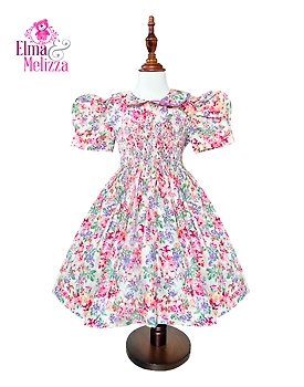 Violet Crimson Smocked Dress: Hand-Embroidered Rosebud Delight for Your Little Princess's Joyful Celebrations