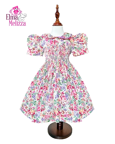 Violet Crimson Smocked Dress: Hand-Embroidered Rosebud Delight for Your Little Princess's Joyful Celebrations-EM0012D41