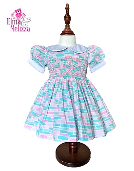 White Blue & Pink Oval Hand Smocked Embroidered Baby Girl Dress with Roses – Ideal for Birthdays, Photoshoots & Wedding Celebrations