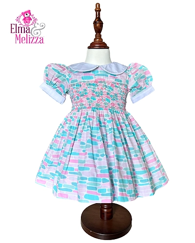 White Blue &amp; Pink Oval Hand Smocked Embroidered Baby Girl Dress with Roses – Ideal for Birthdays, Photoshoots &amp; Wedding Celebrations-EM0102D44