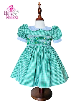Green Check Hand Smocked Embroidered Baby Girl Dress with Yellow Roses – Perfect for Blooming Memories on Weddings, Birthdays & Photoshoot Celebrations