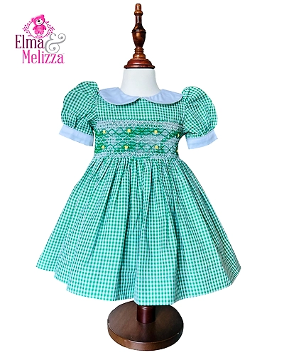 Green Check Hand Smocked Embroidered Baby Girl Dress with Yellow Roses – Perfect for Blooming Memories on Weddings, Birthdays &amp; Photoshoot Celebrations-EM0102D43