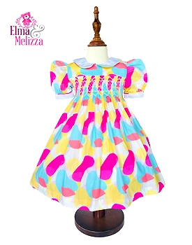 Rainbow Whispers Cotton Baby Dress – Hand-Smocked Elegance with Yellow Rose Embroidery, Peter Pan Collar & Puffed Sleeves for Special Occasions