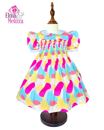 Rainbow Whispers Cotton Baby Dress – Hand-Smocked Elegance with Yellow Rose Embroidery, Peter Pan Collar &amp; Puffed Sleeves for Special Occasions-EM0102D42