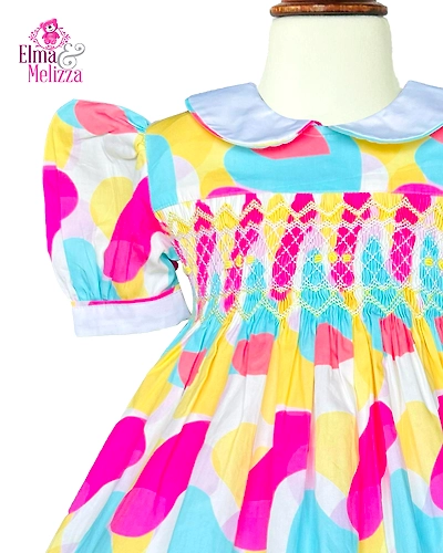 Rainbow Whispers Cotton Baby Dress – Hand-Smocked Elegance with Yellow Rose Embroidery, Peter Pan Collar &amp; Puffed Sleeves for Special Occasions-1 - 2 Years-1