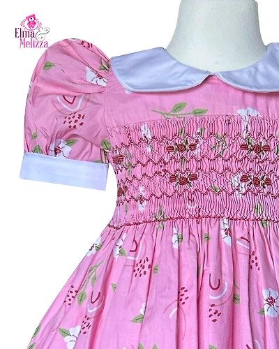 Pink, White Floral Hand Smocked Embroidered Baby Girl Dress with Dark Pink Roses – Ideal for Weddings, Birthdays &amp; Photoshoot Celebrations-2 - 3 Years-1