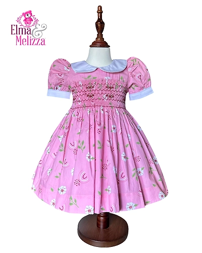 Pink, White Floral Hand Smocked Embroidered Baby Girl Dress with Dark Pink Roses – Ideal for Weddings, Birthdays &amp; Photoshoot Celebrations-EM0203D45
