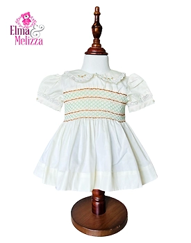 Creamy White Hand Smocked Embroidered Baby Girl Dress with Peter Pan Collar & Lace - Timeless Celebrations