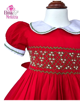 Christmas Red Hand Smocked Hand Embroidered Baby Girl Dress with White Floral Accents for Birthdays, Weddings & Festive Photoshoots