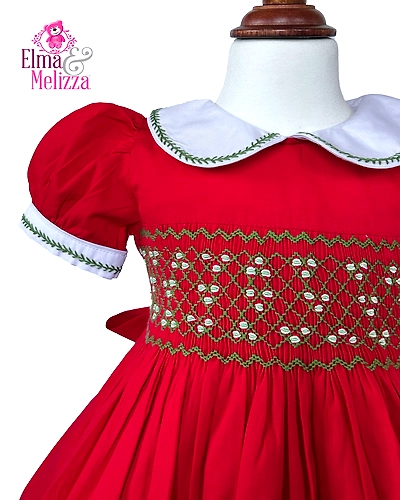Christmas Red Hand Smocked Hand Embroidered Baby Girl Dress with White Floral Accents for Birthdays, Weddings &amp; Festive Photoshoots-EMD6-D-2