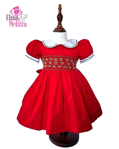 Christmas Red Hand Smocked Hand Embroidered Baby Girl Dress with White Floral Accents for Birthdays, Weddings &amp; Festive Photoshoots-1 - 2 Years-1