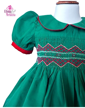 Forest Green Solid Hand Smocked Hand Embroidered Baby Girl Dress with Red Floral Detail for Holidays, Birthdays & Family Celebrations