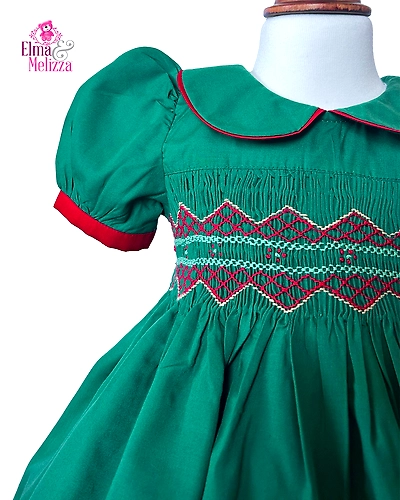 Forest Green Solid Hand Smocked Hand Embroidered Baby Girl Dress with Red Floral Detail for Holidays, Birthdays &amp; Family Celebrations-EMD3-D-1