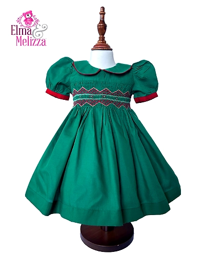 Forest Green Solid Hand Smocked Hand Embroidered Baby Girl Dress with Red Floral Detail for Holidays, Birthdays &amp; Family Celebrations-0 - 12 Months-1