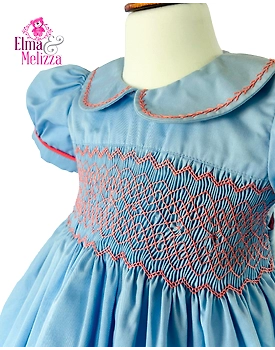 Sky Blue Solid Hand Smocked Hand Embroidered Baby Girl Dress with Red Stitch Detail for Birthdays, Weddings & Festive Photoshoots