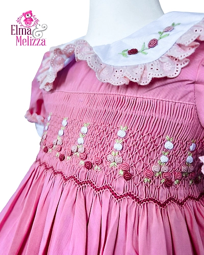 Blush Pink Solid Hand Smocked Hand Embroidered Baby Girl Dress with Floral Details for Birthdays, Weddings &amp; Special Celebrations-EMD23-D-1