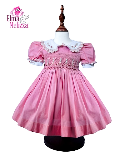 Blush Pink Solid Hand Smocked Hand Embroidered Baby Girl Dress with Floral Details for Birthdays, Weddings &amp; Special Celebrations-0 - 12 Months-1