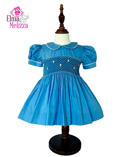 Maya Blue Hand Smocked Hand Embroidered Baby Girl Dress with White Floral Details for Weddings, Birthdays &amp; Elegant Celebrations-0 - 12 Months-1