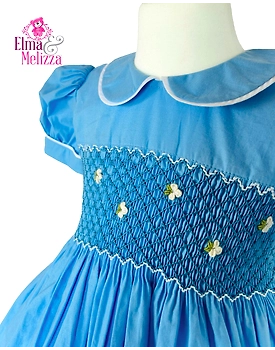 Maya Blue Hand Smocked Hand Embroidered Baby Girl Dress with White Floral Details for Weddings, Birthdays & Elegant Celebrations