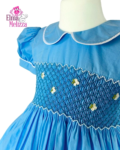Maya Blue Hand Smocked Hand Embroidered Baby Girl Dress with White Floral Details for Weddings, Birthdays &amp; Elegant Celebrations-EMD9-D-1