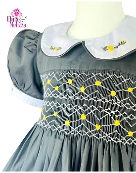 Dark Gray Hand Smocked Hand Embroidered Baby Girl Dress with Yellow Floral Details for Weddings, Birthdays & Elegant Photoshoots
