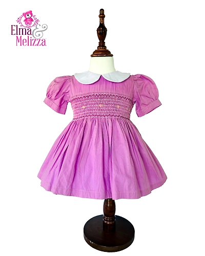 Orchid Purple Hand Smocked Hand Embroidered Baby Girl Dress with Light Purple Floral Accents for Weddings, Birthdays &amp; Photoshoots-0 - 12 Months-1