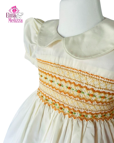 Creamy White Hand Smocked Hand Embroidered Baby Girl Dress with Orange Florals for Birthdays, Weddings &amp; Elegant Family Photoshoots-EMD16-D-1