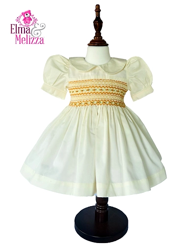 Creamy White Hand Smocked Hand Embroidered Baby Girl Dress with Orange Florals for Birthdays, Weddings &amp; Elegant Family Photoshoots-0 - 12 Months-1