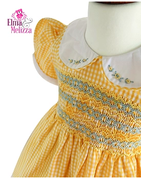 Baby Yellow & White Checked Hand Smocked Hand Embroidered Baby Girl Dress with Peter Pan Collar for Birthdays, Weddings & Photoshoots