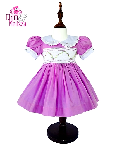 Orchid Purple Hand Smocked Hand Embroidered Baby Girl Dress with Floral Lace for Weddings, Birthdays &amp; Special Occasions-0 - 12 Months-1