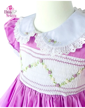 Orchid Purple Hand Smocked Hand Embroidered Baby Girl Dress with Floral Lace for Weddings, Birthdays & Special Occasions