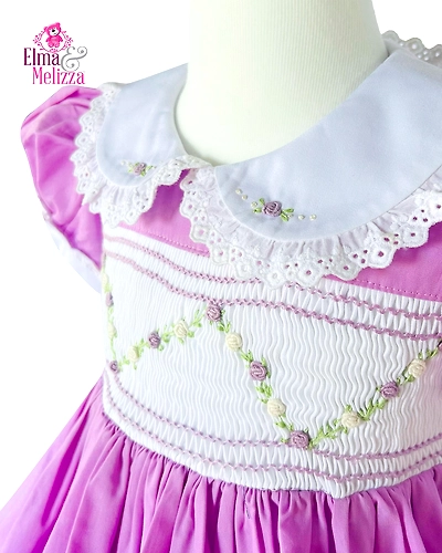 Orchid Purple Hand Smocked Hand Embroidered Baby Girl Dress with Floral Lace for Weddings, Birthdays &amp; Special Occasions-EMD17-D-1