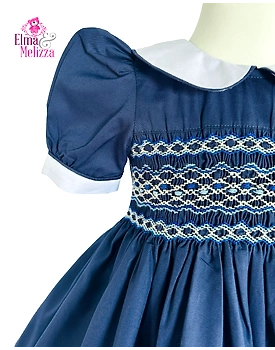 Midnight Blue Hand Smocked Hand Embroidered Baby Girl Dress with Blue Floral Accents for Weddings, Birthdays & Special Celebrations