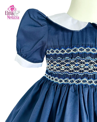 Midnight Blue Hand Smocked Hand Embroidered Baby Girl Dress with Blue Floral Accents for Weddings, Birthdays &amp; Special Celebrations-EMD8-D-1