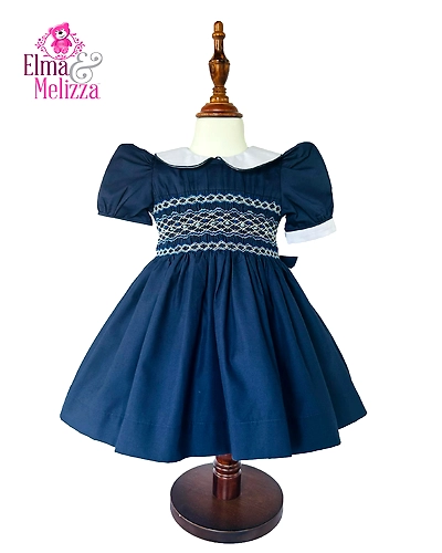 Midnight Blue Hand Smocked Hand Embroidered Baby Girl Dress with Blue Floral Accents for Weddings, Birthdays &amp; Special Celebrations-0 - 12 Months-1