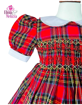 Scottish Tartan Red Hand Smocked Hand Embroidered Baby Girl Dress with White Flowers for Birthdays, Holidays & Special Celebrations
