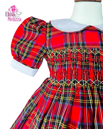Scottish Tartan Red Hand Smocked Hand Embroidered Baby Girl Dress with White Flowers for Birthdays, Holidays &amp; Special Celebrations-EMD7-D-1