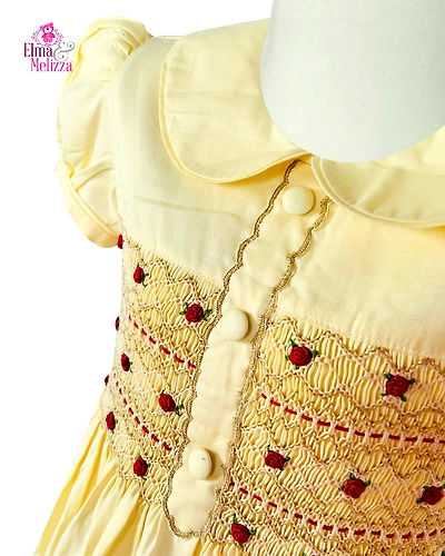 Butter Yellow Hand-Smocked Baby Girl Dress with Delicate Hand Embroidery: Ideal for Celebrations &amp; Special Occasions-EMD28-D-1
