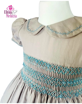 Stone Gray Hand Smocked Hand Embroidered Baby Girl Dress for Weddings, Birthdays, Family Gatherings & Timeless Photoshoot Moments