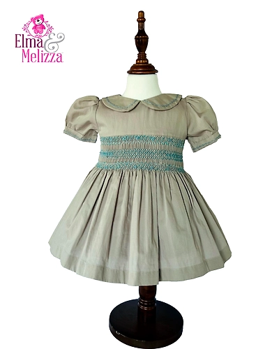 Stone Gray Hand Smocked Hand Embroidered Baby Girl Dress for Weddings, Birthdays, Family Gatherings &amp; Timeless Photoshoot Moments-0 - 12 Months-1